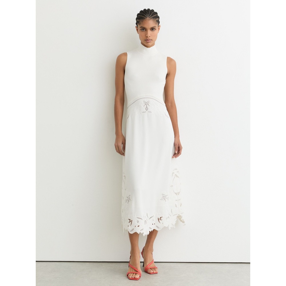 Reiss Phoenix Knit Woven Midi Dress Ivory Broderie Anglaise Cutwork Hem NWT Sz 2